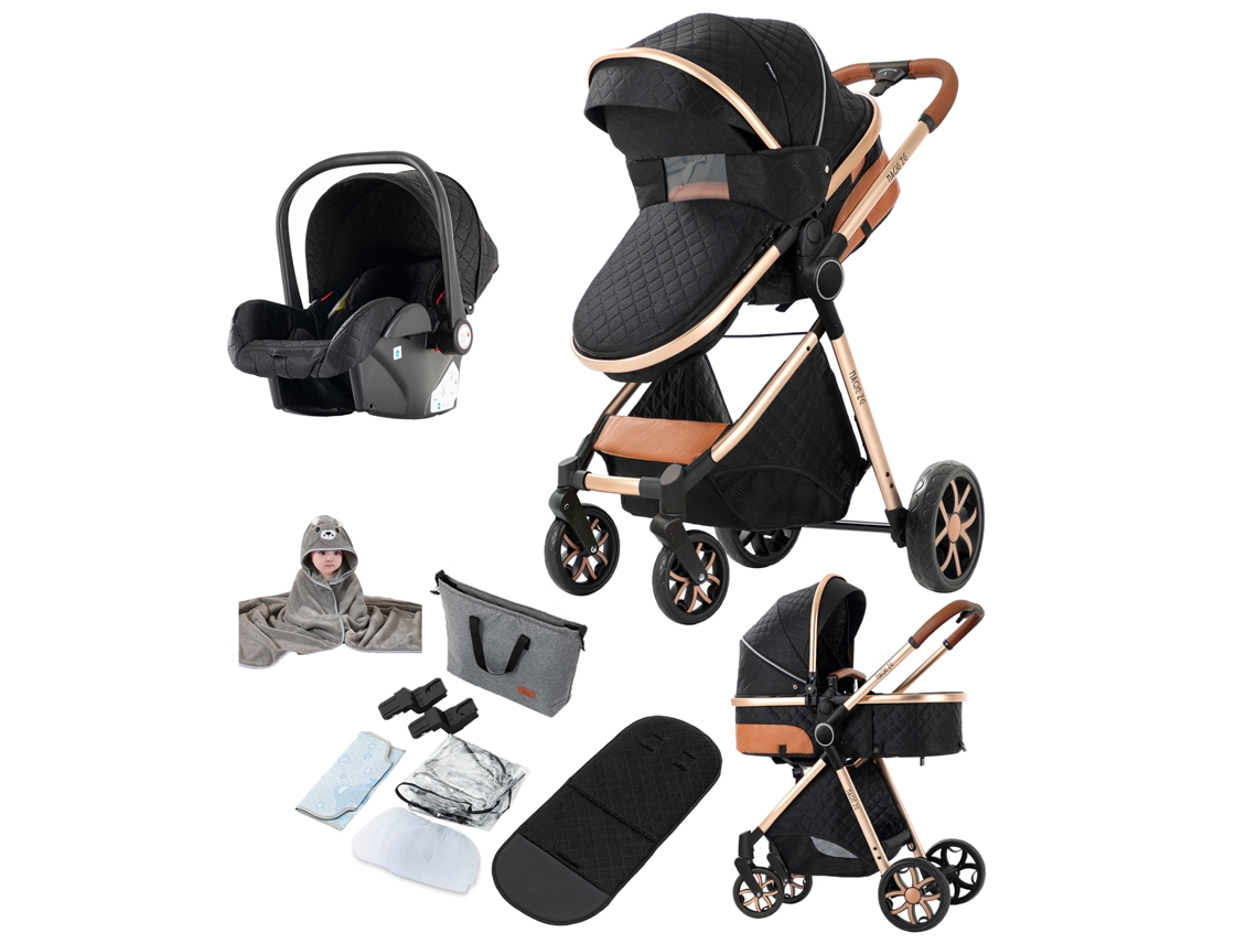 Carrinho de Bebé MAGIC ZC Yv9 Preto e Dourado Dobrável com Suspensão e Cesto de Arrumação