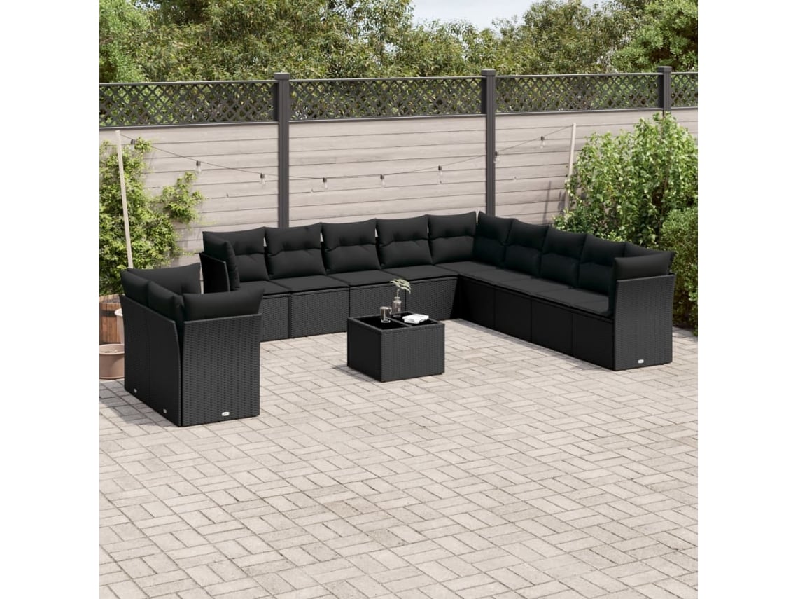 Vidaxl 12 Pcs Conjunto De Sofás De Jardim C/ Almofadões Vime Pe Preto