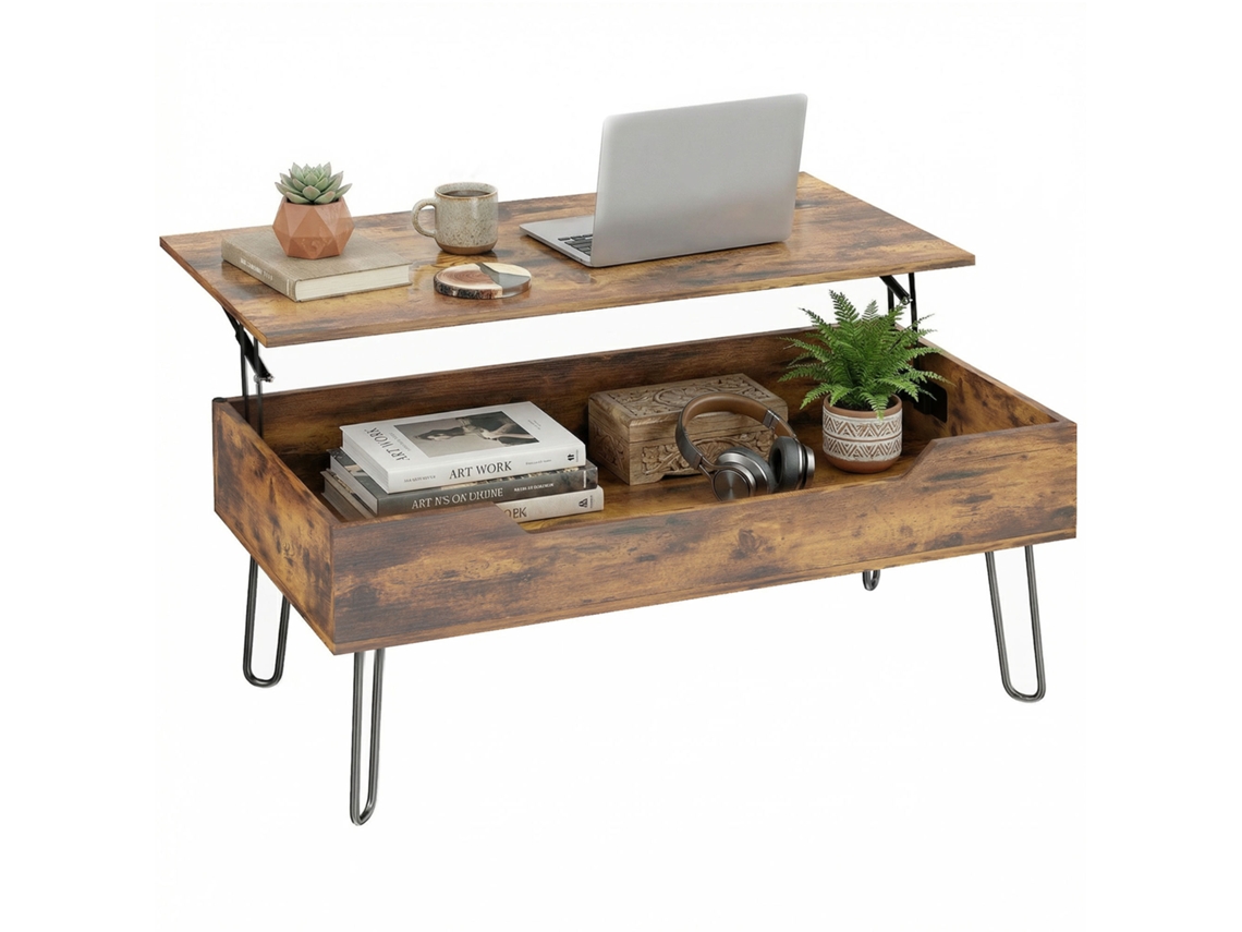 Mesa De Centro Elevável Com Compartimento Oculto, Pés Em Aço 95x50x40 Cm, Castanho Rústico