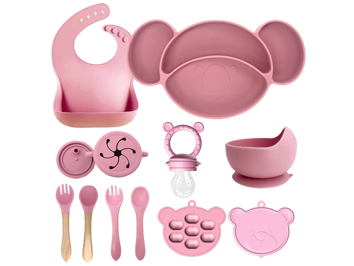 Conjunto Desmame Bebé EIFSON 6+ Meses Prato Tigela Copo Babador 11 Peças (rosa)