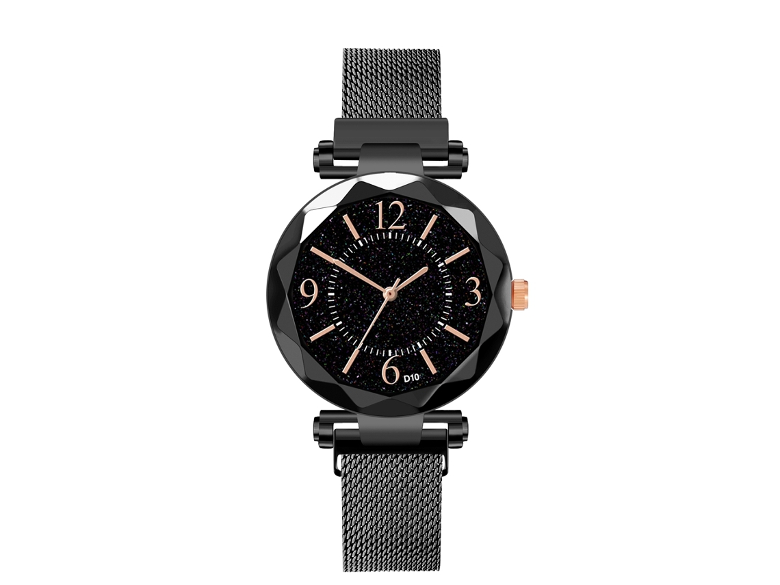 Relógio de pulso masculino casual e moderno com mostrador espelhado, mecanismo de quartzo e detalhes em preto.