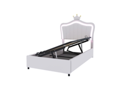 Cama infantil estofada 90x200cm com design de coroa, led, baú hidráulico, cabeceira ajustável, imitação de couro branca PAPRIKA