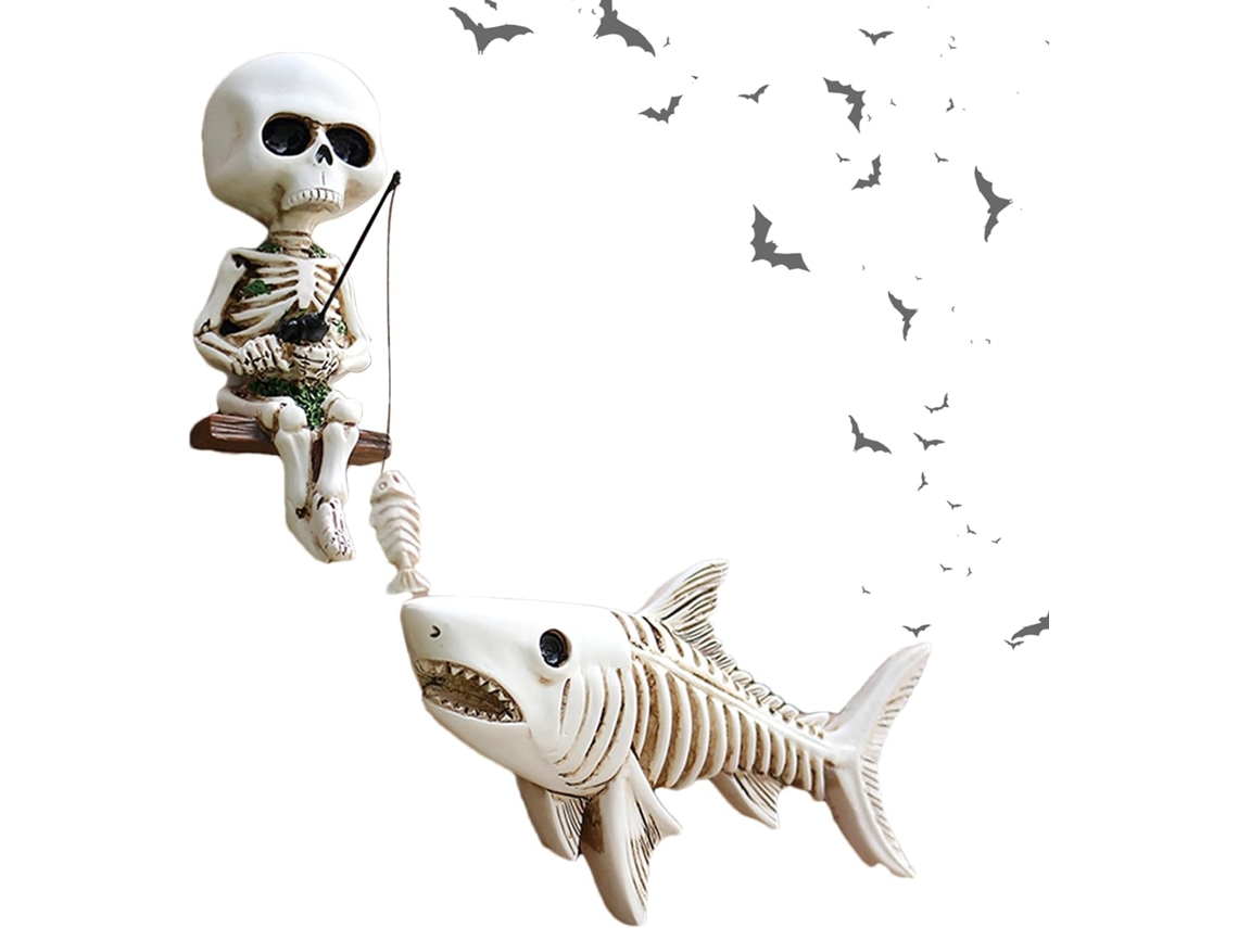 Esqueleto Pescador de Halloween Est Tua Cr Nio Tubar o em Resina Estatueta G Tica para Mesa Ornamento Mesas Cabeceira VAYOTOY