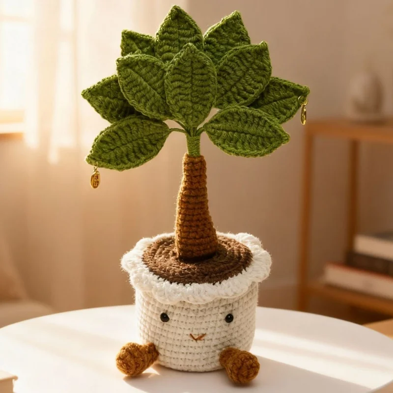 (18 Cm) Bonsai De Árvore-da-fortuna Feito À Mão Em Crochê, Repleto De Plantas, Buquê Trançado Pronto Para Decoração De Casa E Mesa.
