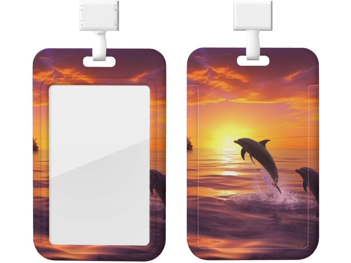 Porta Crachá Com Cordão, Suporte Plástico Em Prova D Água, Retrátil Crachá Com Impressão De Golfinho Ao Pôr Do Sol