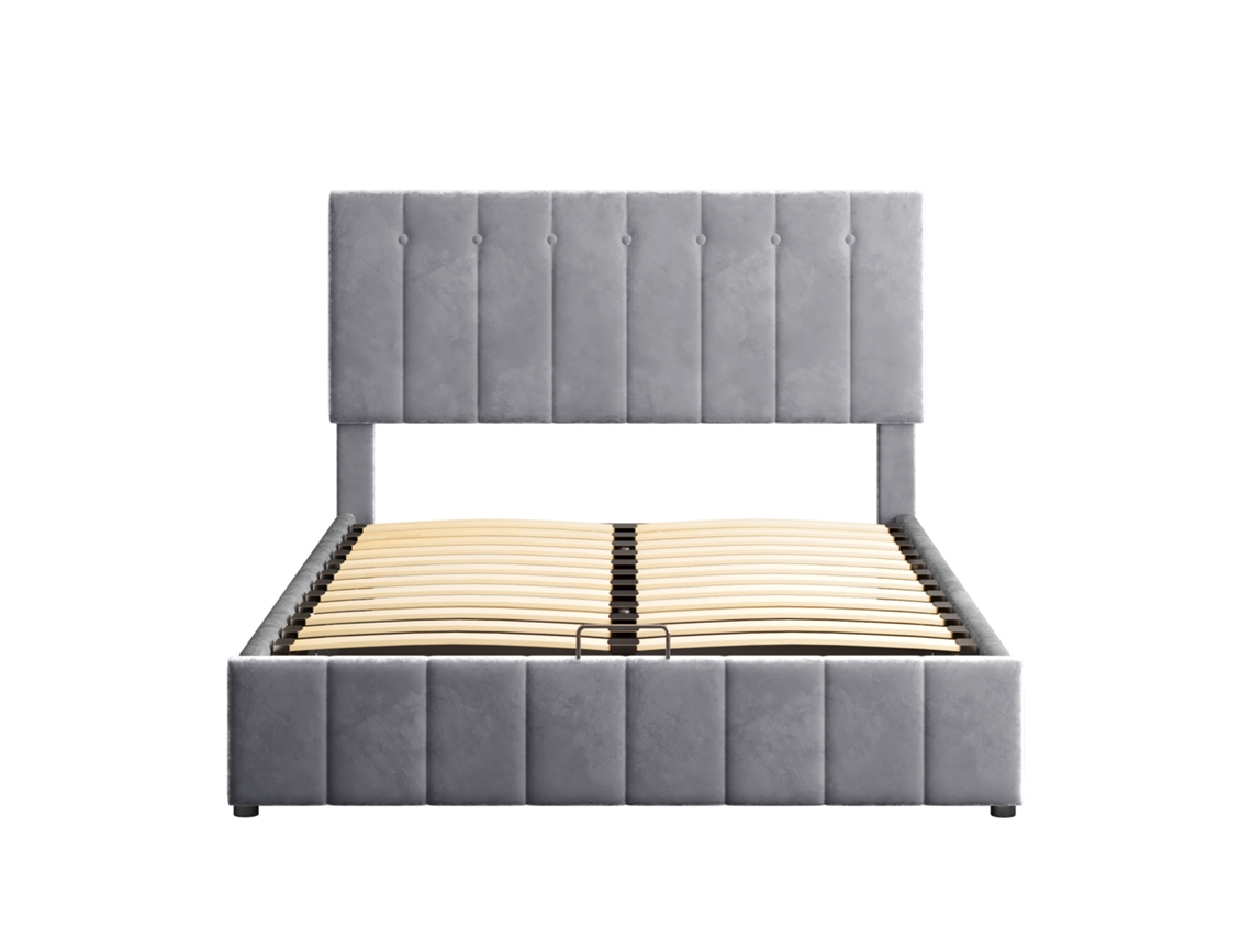 Cama Com Arrumação Estofada Aveludado Mobrio Madeira Tecido Cinzento (140x200cm)