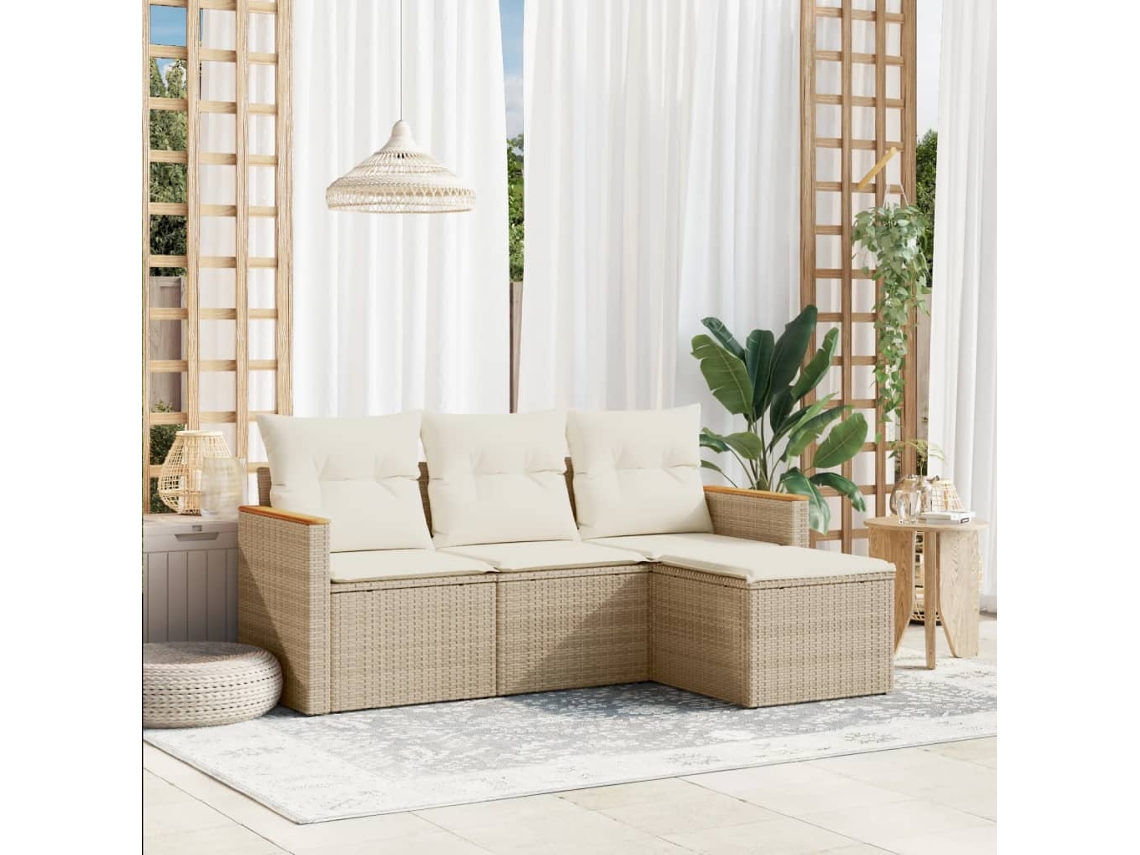 Vidaxl 4 Pcs Conjunto De Sofás Para Jardim C/ Almofadões Vime Pe Bege