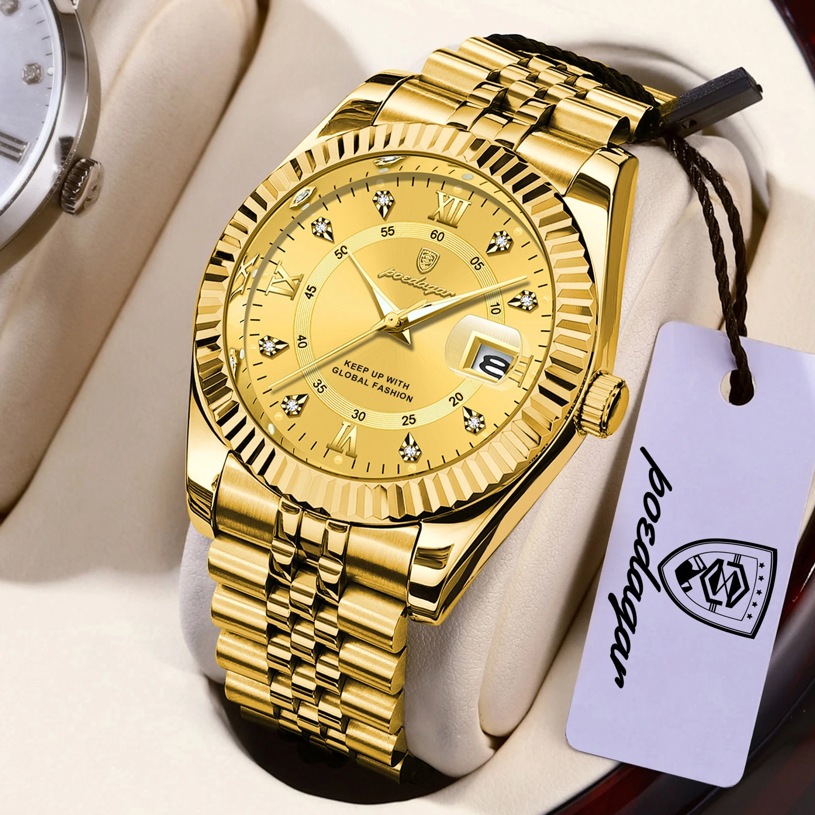 Relógio Masculino De Luxo (dourado), Com Movimento De Quartzo, À Prova D'água, Com Data Luminosa E Design Elegante.
