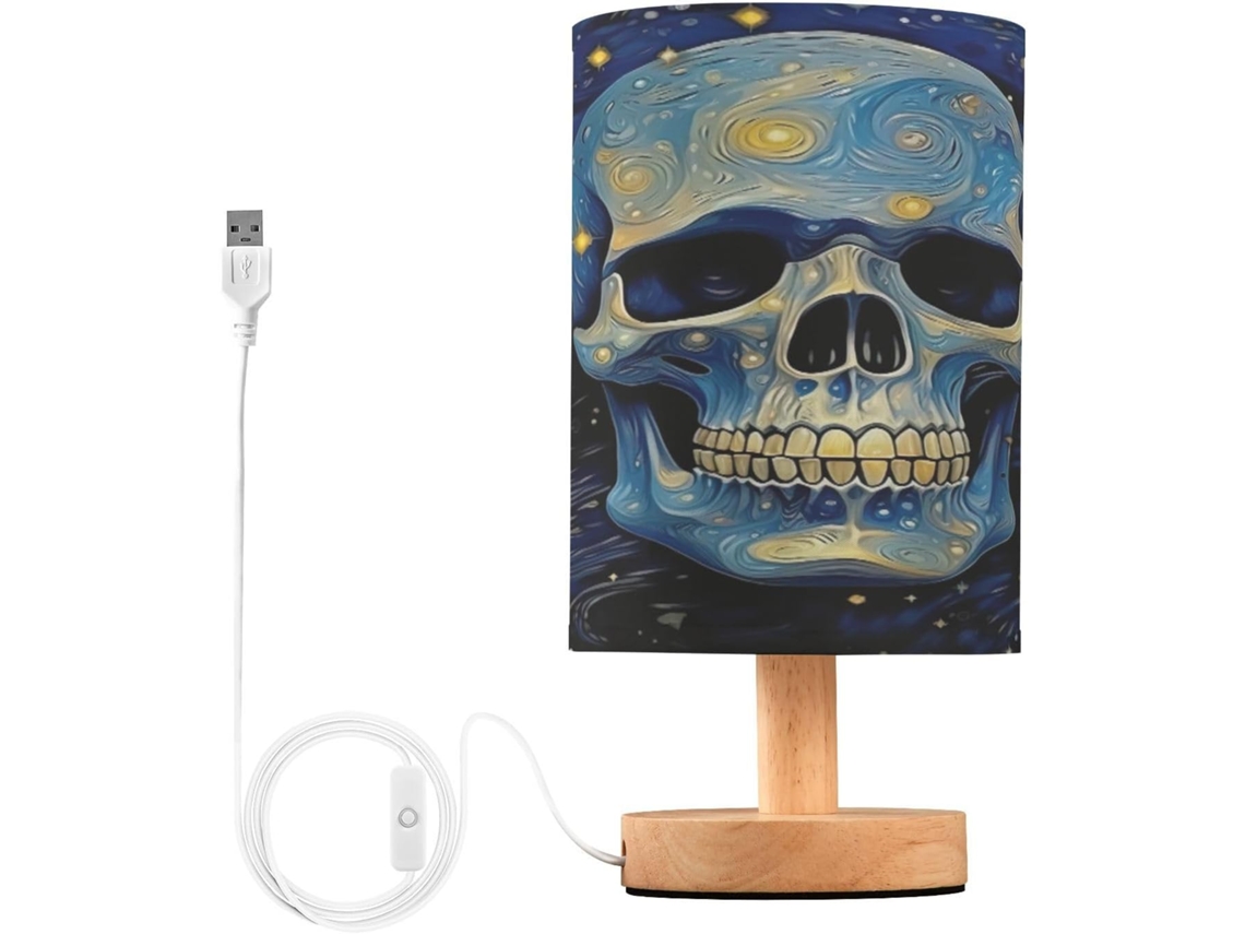 Luminária De Cabeceira Led Pequena Skyshu Em Formato Caveira Com Base Madeira Antiderrapante E Cúpula Que Não Agride Os