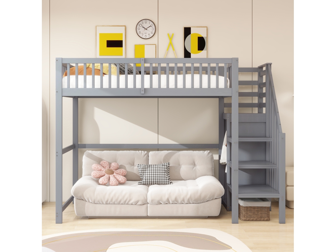 Beliche Mezanino 90x200cm infantil com escada segura, guarda corpo, prateleiras, armário, cinza KOMHTOM