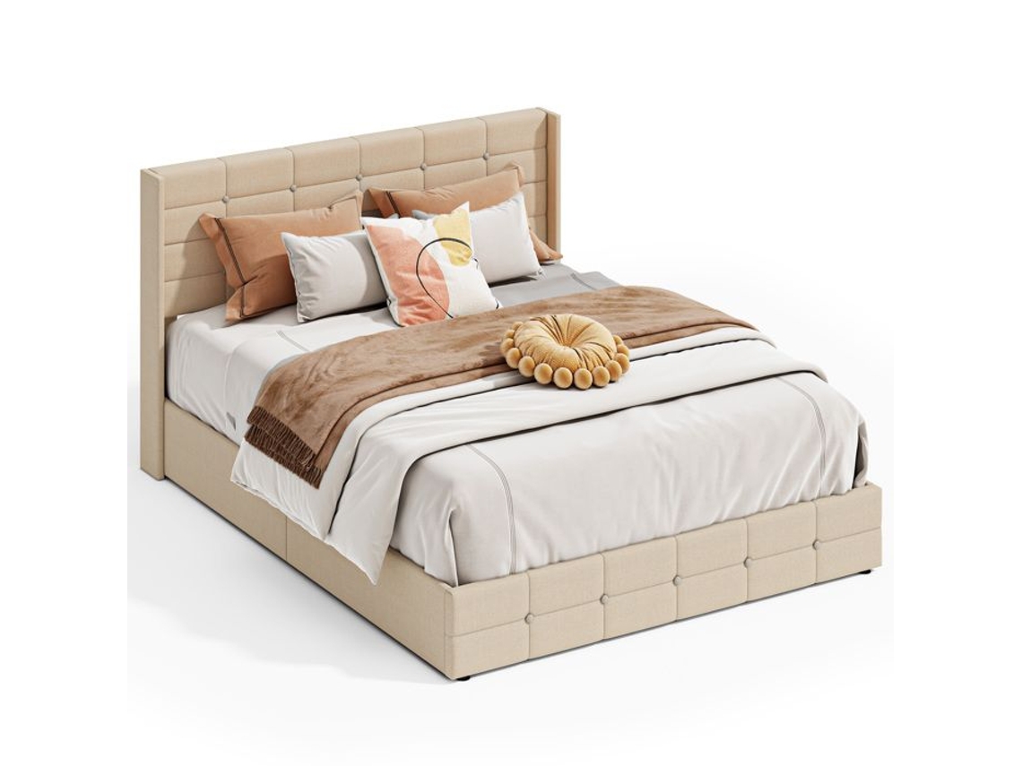 Estrutura De Cama - Bealife - 160 X 200cm - Cama Baú - Ripas De Madeira De Abeto - 2 Lugares - Armazenamento 28 Cm H - Bege