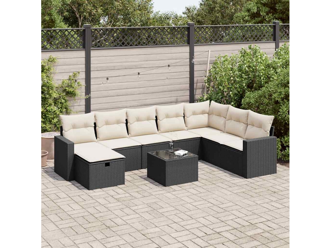 Vidaxl 9 Pcs Conjunto De Sofás P/ Jardim C/ Almofadões Vime Pe Preto