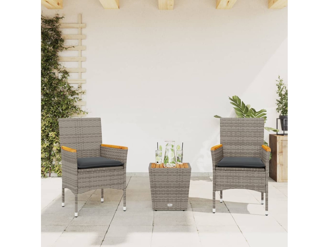 Vidaxl 3 Pcs Conjunto De Bistrô Com Almofadões Vime Pe/vidro Cinza