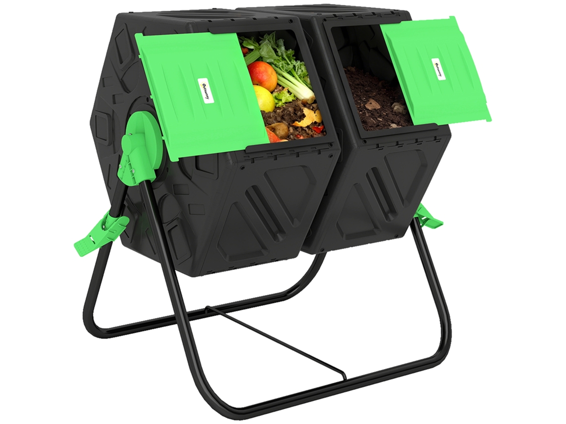 Compostor Giratório 130l Recipiente Compostagem Jardim Dupla Câmara com Aberturas Ventilação 67x60x77 Cm Preto e Verde