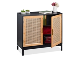 Aparador com 2 portas de rattan, 3 compartimentos e estrutura de bambu natural.
