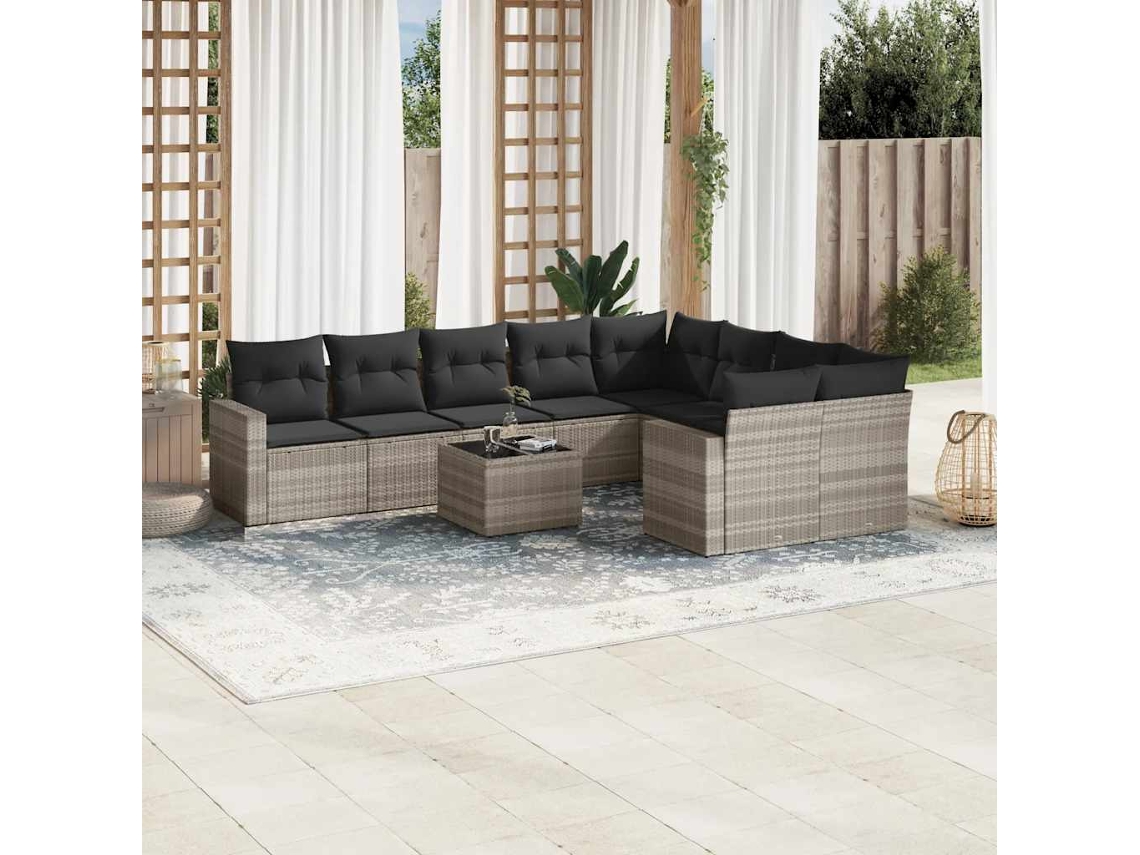 Vidaxl 10 Pcs Conj. Sofás Jardim Com Almofadões Vime Pe Cinzento-claro