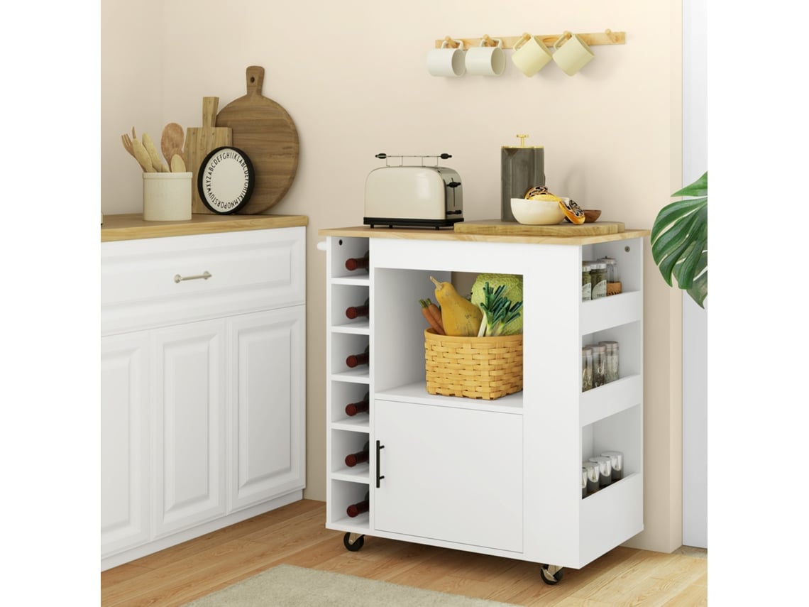 Kitchen Trolley, Rollable Kitchen Island, Kitchen Trolley With Compartments, Wine Racks, Cupboard And Work Surface, White