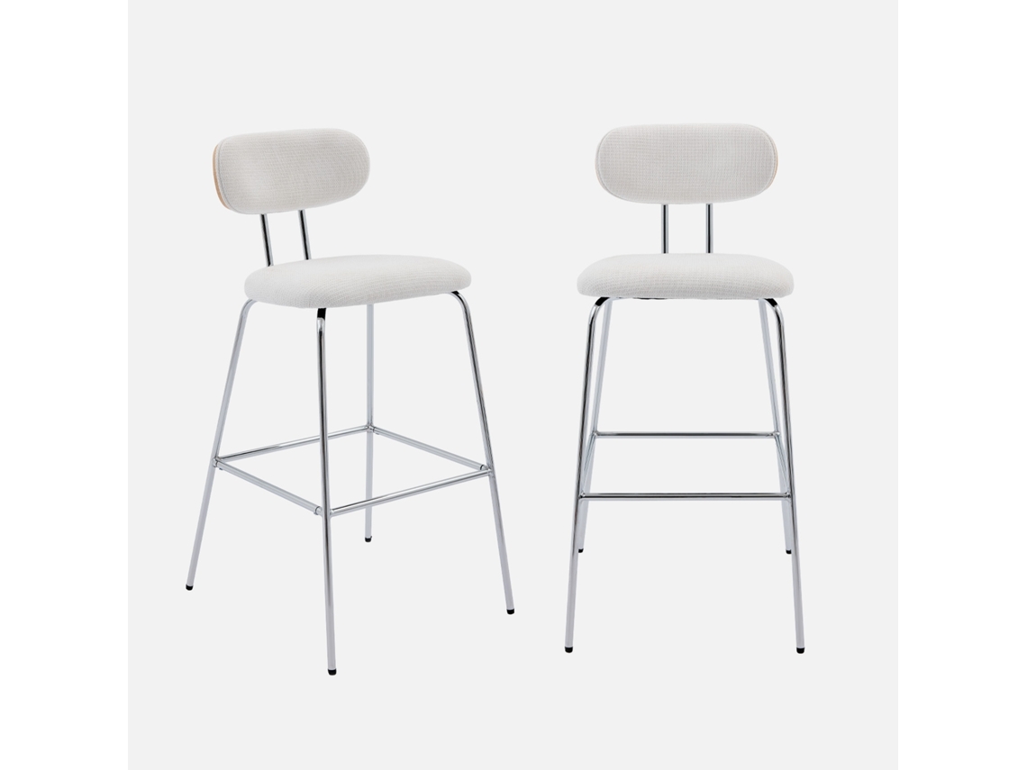 Banco De Bar Em Tecido Impermeável Pés De Metal Cromado, Set De 2, Branco Sweeek