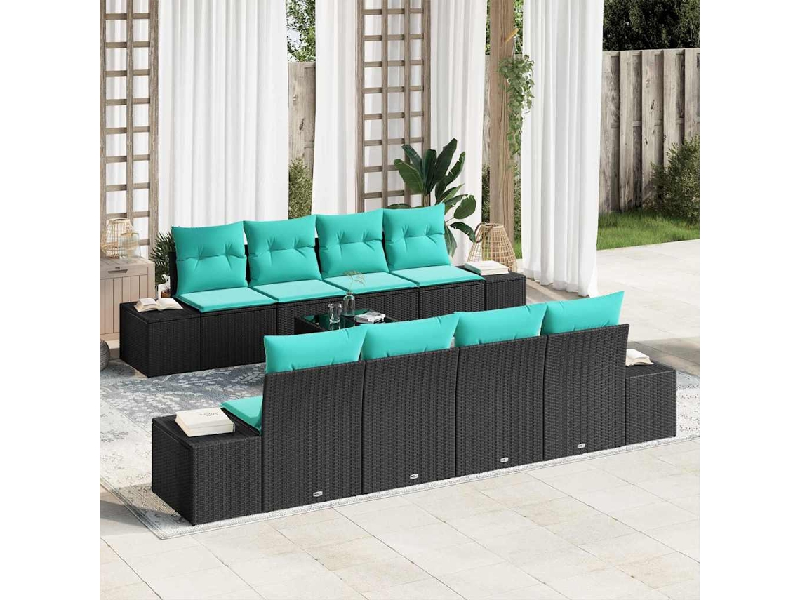 Vidaxl Conjunto De Sofá De Jardim 9 Unid. Preto E Turquesa Vime Pe
