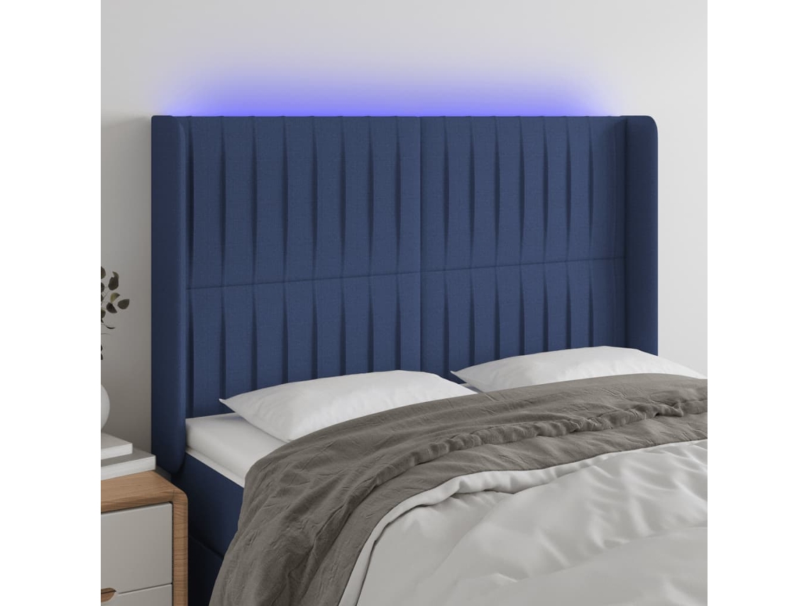 Cabeceira De Camapainel De Cabeceira C/ Luzes Led Tecido 147x16x118/128 Cm Azul Lovely Home
