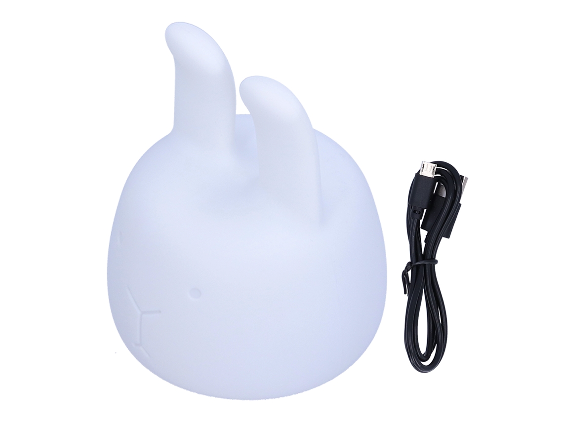 Luminária noturna recarregável em silicone no formato de coelho com 7 LEDs.