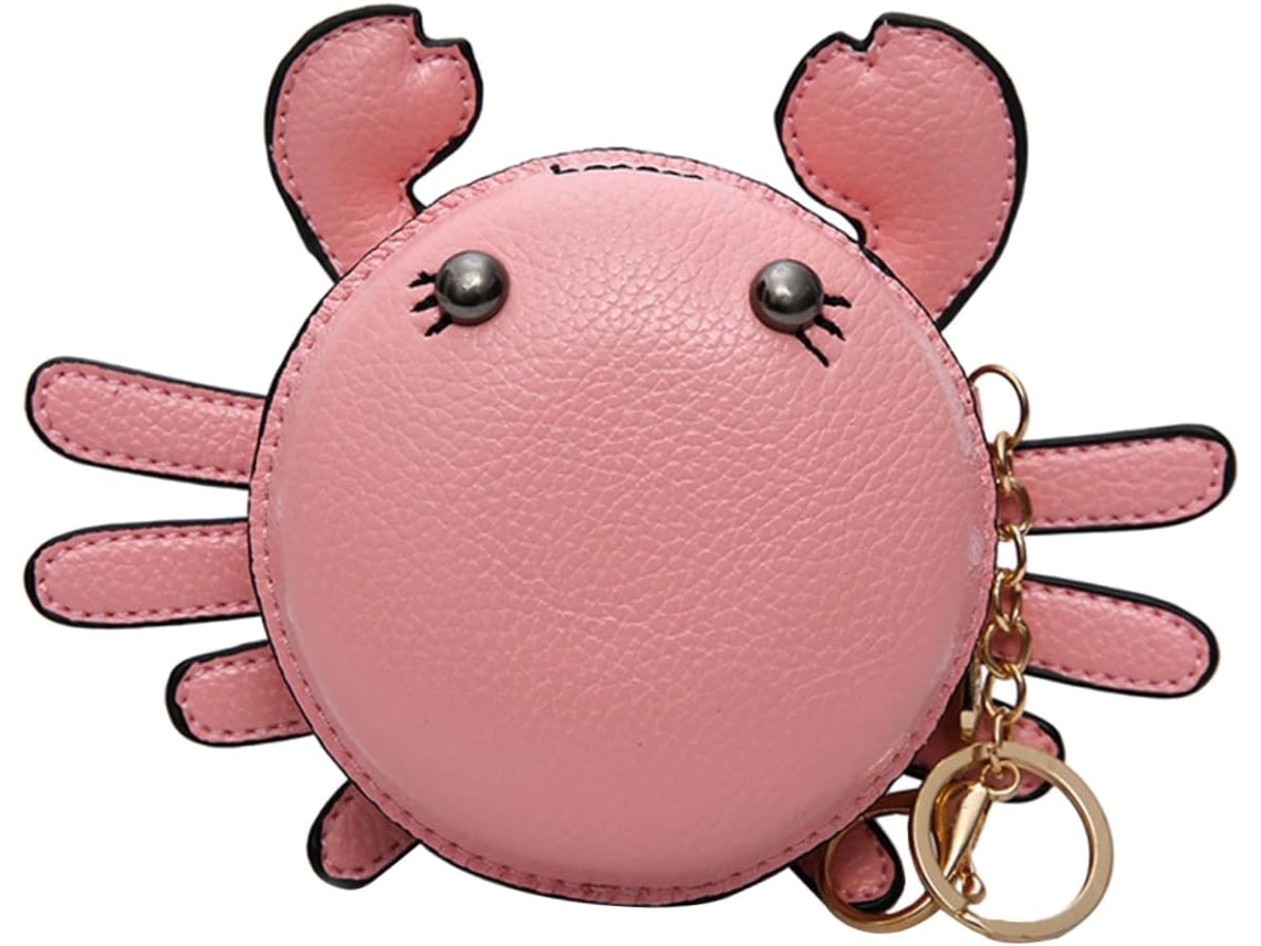 Chaveiro/porta-moedas/argola De Chaves Pequeno Em Couro Pu Rosa Com Estampa De Caranguejo - Joia Multifuncional Portátil