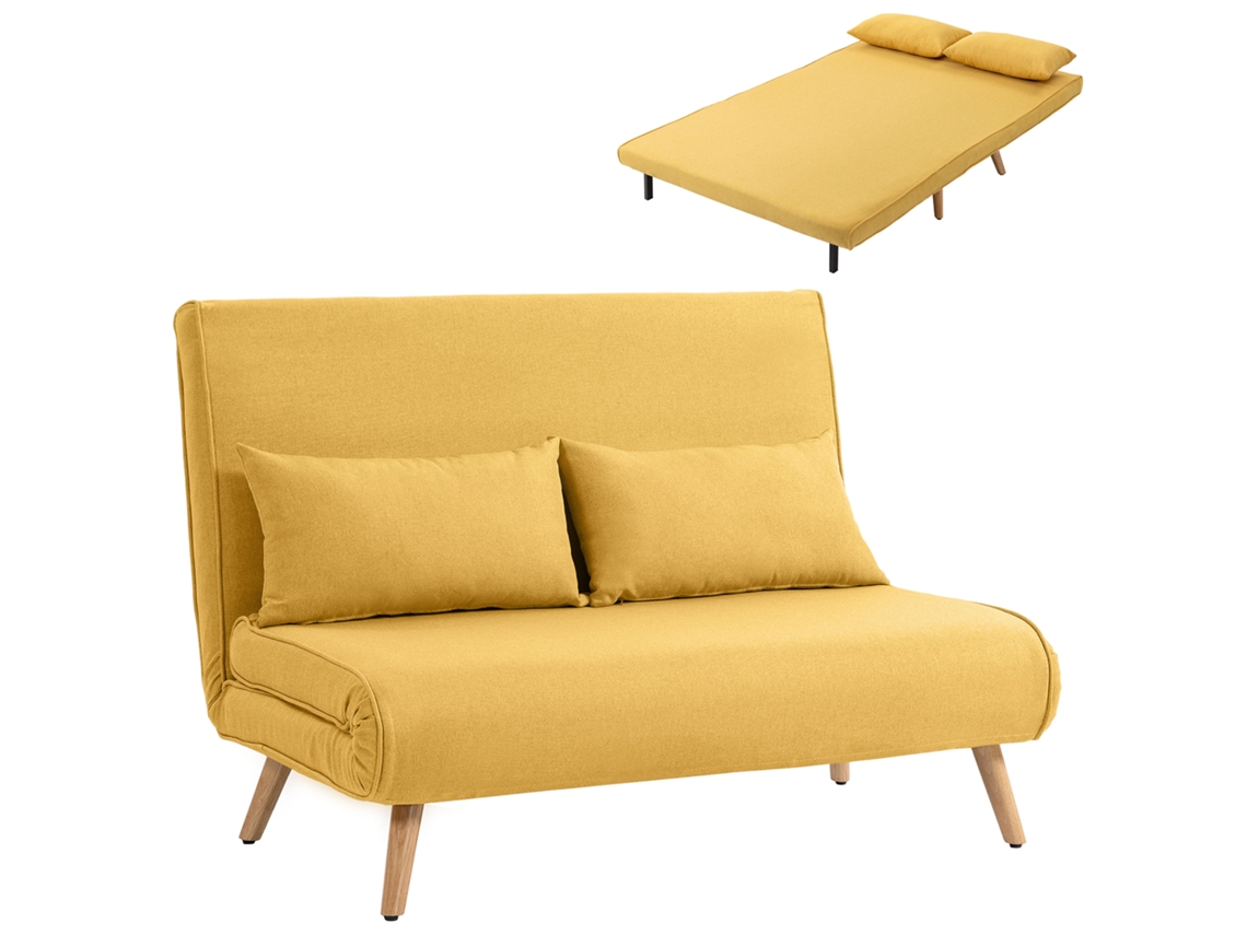 Sofá-cama Duplo Dobrável, Tecido De Linho, Encosto Ajustável Em Cinco Posições, Acompanha Duas Almofadas, Cor Amarela.