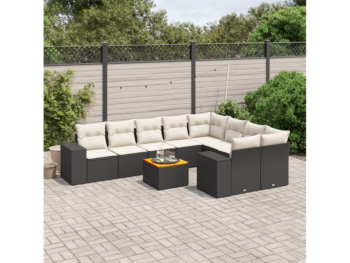 Vidaxl 10 Pcs Conjunto Sofás De Jardim C/ Almofadões Vime Pe Preto