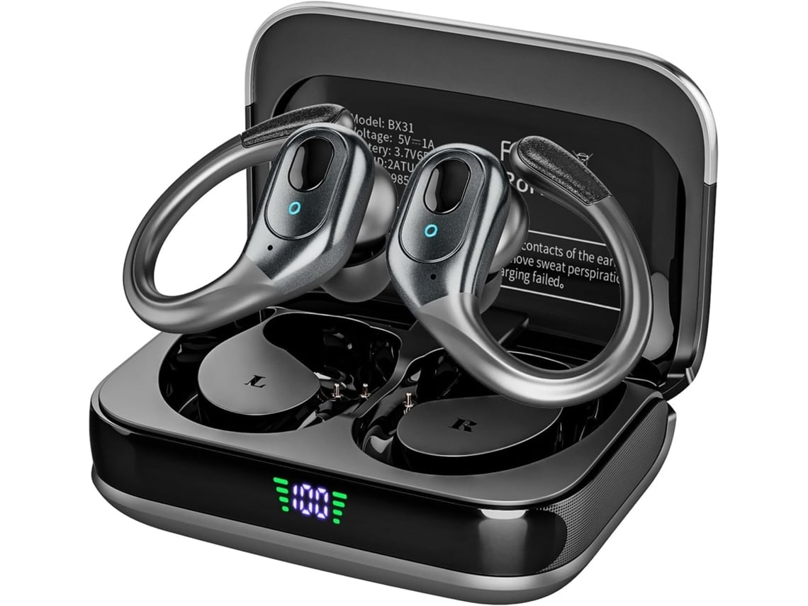 Auriculares Bluetooth Sem Fios, 75 Horas De Reprodução, Estojo De Carregamento Com Ecrã Led, Ganchos Auriculares.