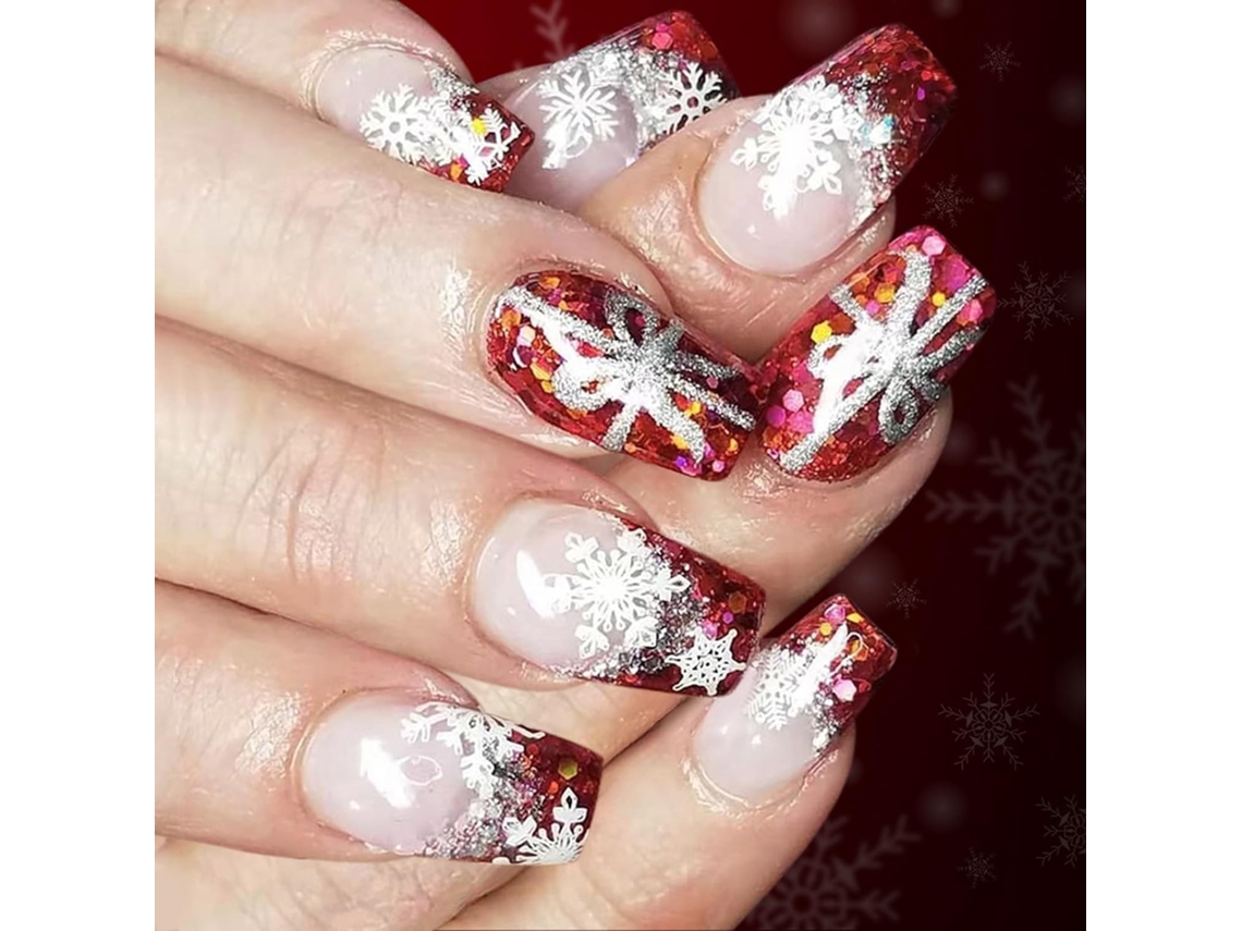 Conjunto De 24 Unhas Postiças Em Abs Com Lima Natalino - Glitlir Francês Vermelho - Para Mulher - Decoração De Festas - Design Floco De Neve