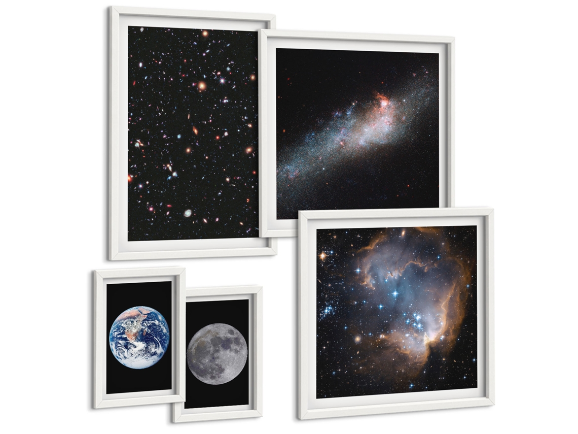 Composição De Quadros Na Parede Espaço, Galáxia, Estrelas E Lua Moldura Branca Fotos Para O Escritório Espelharte (conjunto De 5 Imagens)