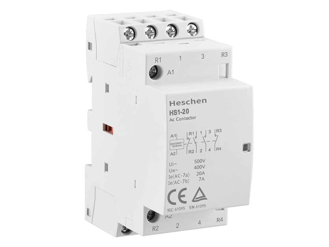 Contator CA residencial HS1-20, IE 20A, 4 polos, 2NA, 2NF, tensão da bobina 220V/240V, montagem em trilho DIN de 35 mm