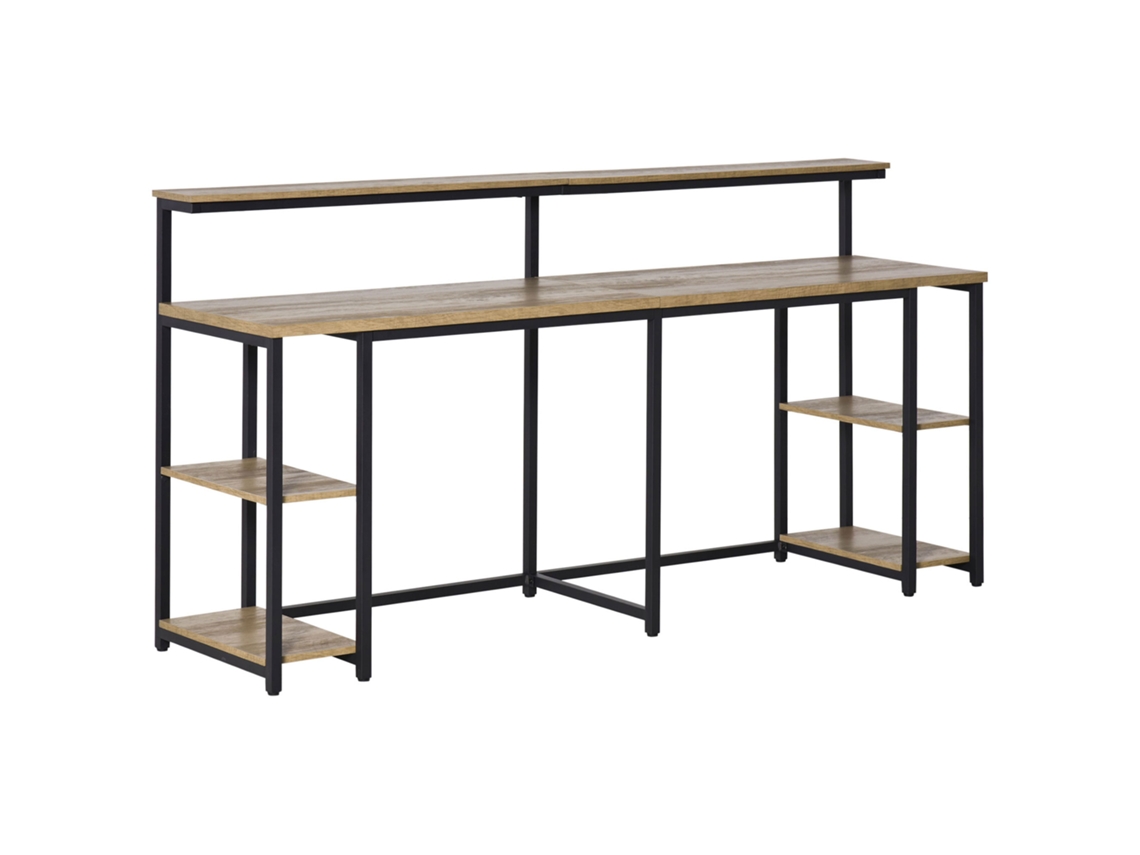 Escrivaninha Dupla Preta/marrom 200x53x100 Cm, Metal Industrial Mdf Com Prateleiras