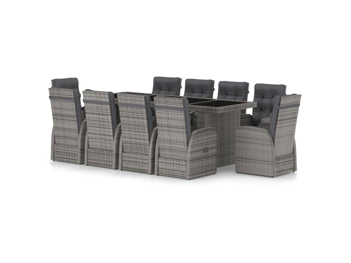 Conjunto 11 jantar exterior c/ almofadões VIDAXL vime PE cinzento
