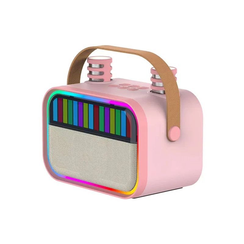 Caixa De Som Bluetooth (rosa) Com 2 Microfones Sem Fio E Iluminação Rgb Incrível.