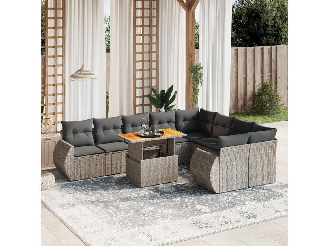 Vidaxl 10 Pcs Conjunto Sofás De Jardim C/ Almofadões Vime Pe Cinzento