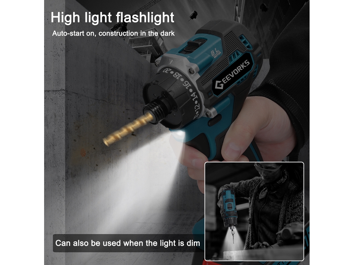 Furadeira Elétrica Sem Fio 21v Com Motor Brushless 2 Velocidades 20 Marchas De Torque E Luz Led