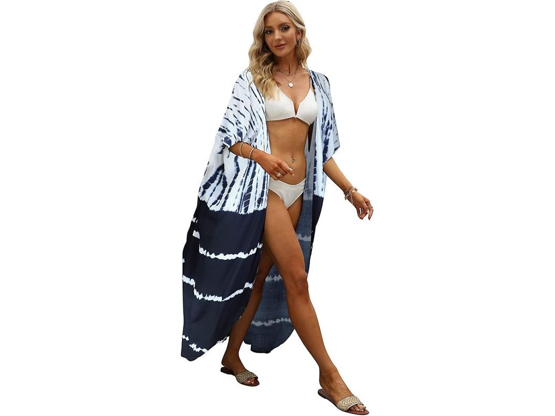 2026 kimono Largo de Praia para Mulher com Estampado Tie dye, Aberto na Frente, Manga 3/4 e Cinto Leve Transpirable