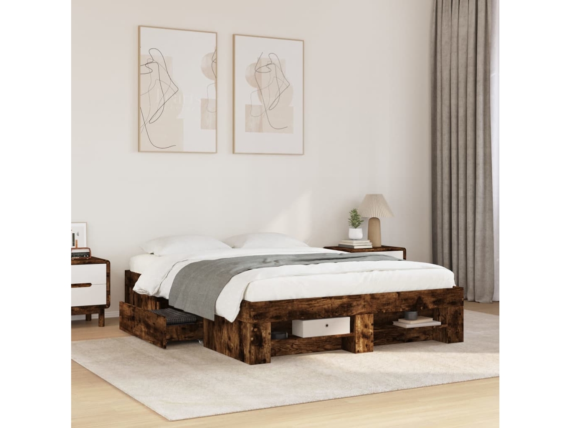 Vidaxl Estrutura De Cama S/ Colchão Derivados Madeira Carvalho Fumado
