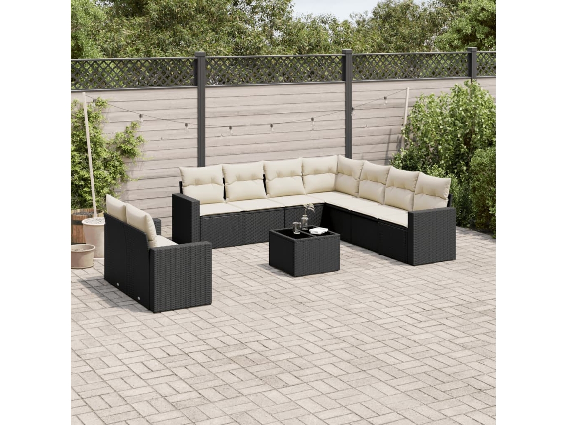 Jogo de Sofá Jardim 10 Peças C/ Almofadões Vime Pe Preto Dkd Home Decor