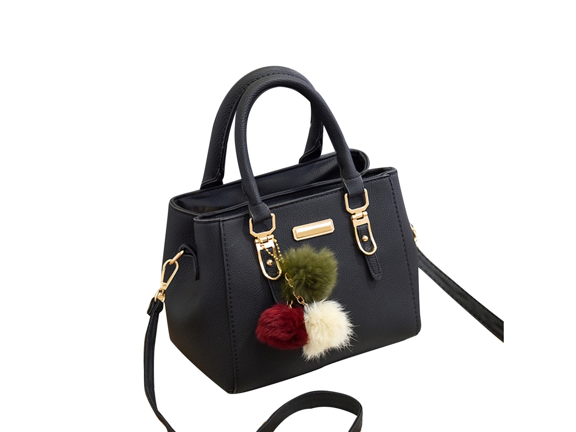 Bolsa Pu Feminina Textura Lichia Pingente Bola de Pêlo Grande Capacidade Ombro Mão Preta