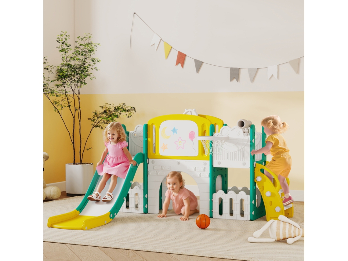 Conjunto de Escorregadores 7 em 1 Infantil com Basquete, Sapos, Escalada e Balanço Amarelo e Verde para Uso Interno e Externo