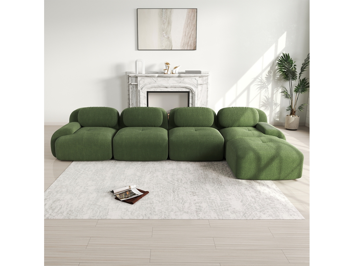 Sofá Canto 4l, Espuma D32, Antiderrapante, Chaise, Braços Largos, Combinável, Sem Montagem, Verde.
