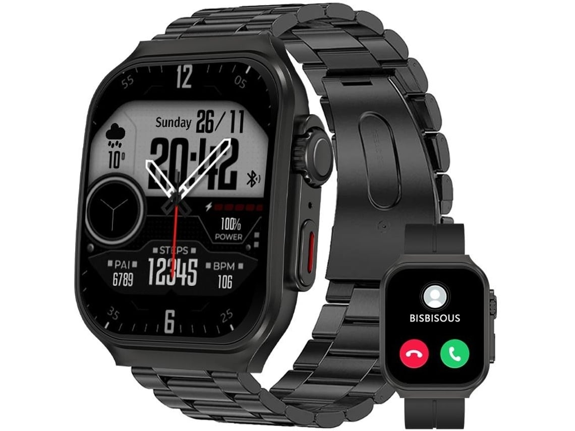 Smartwatch UHD de 2,01 polegadas com chamada Bluetooth e duas alças pretas