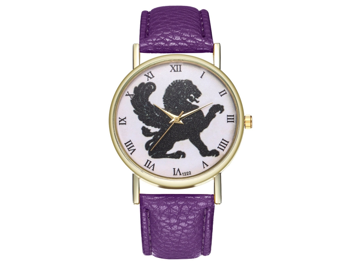 Relógio de quartzo unissex estilo retrô com pulseira de couro sintético roxo.