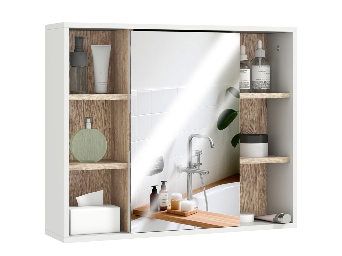 Armário De Espelho Com Espaço Interno Com Prateleiras Ajustáveis ​​armário De Banheiro Com Abertas 60x14.5x49.4 Cm Branco E Carvalho