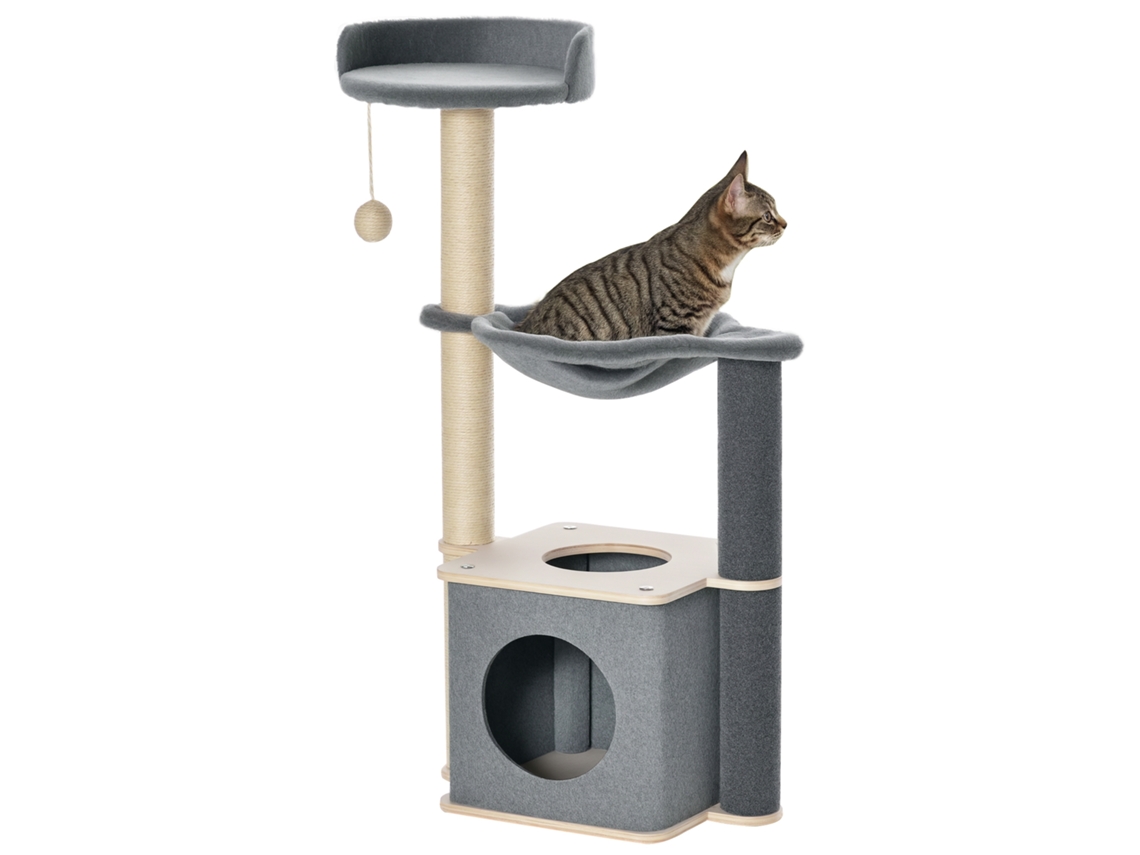 Árvore para Gatos de Vários Níveis, 95 Cm, com Casinha, Rede, Bola e Cordas de Sisal, 48 X 34 X 95 Cm, Cinza. ESSÊNCIACASA