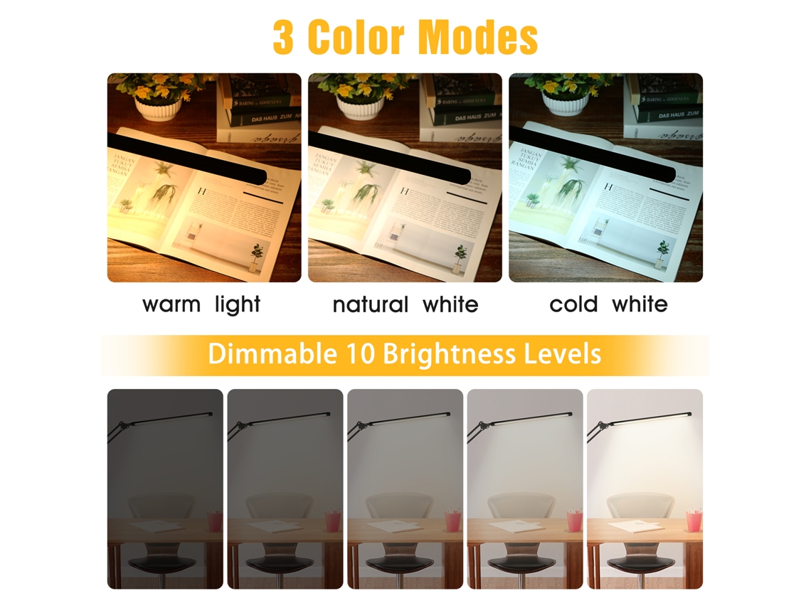 Lâmpada de Mesa LED com Clamp, 3 Modos de Cor, 10 Níveis de Brilho para Leitura e Estudo | S/MARCA