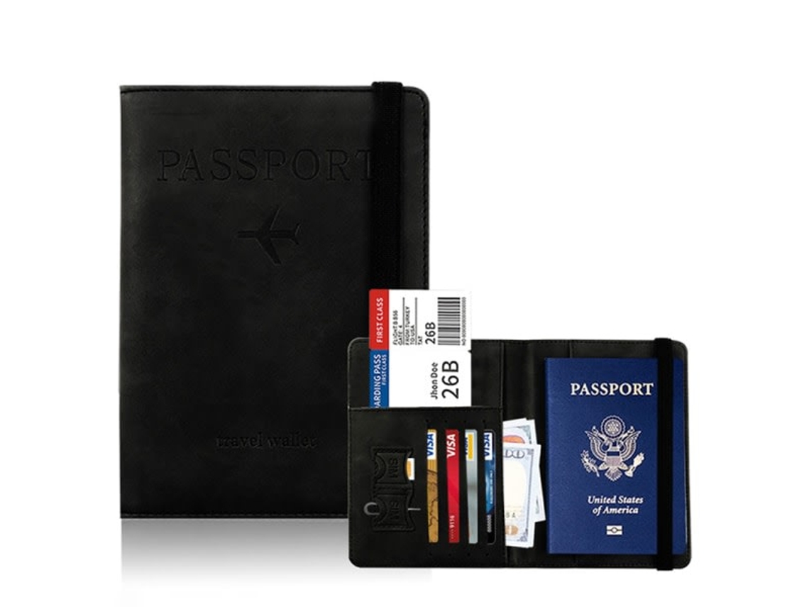 Capa Protetora Rfid Em Pu Para Passaporte, Cartão De Crédito E Documento Identidade, À Prova D'água, Preta Cdq