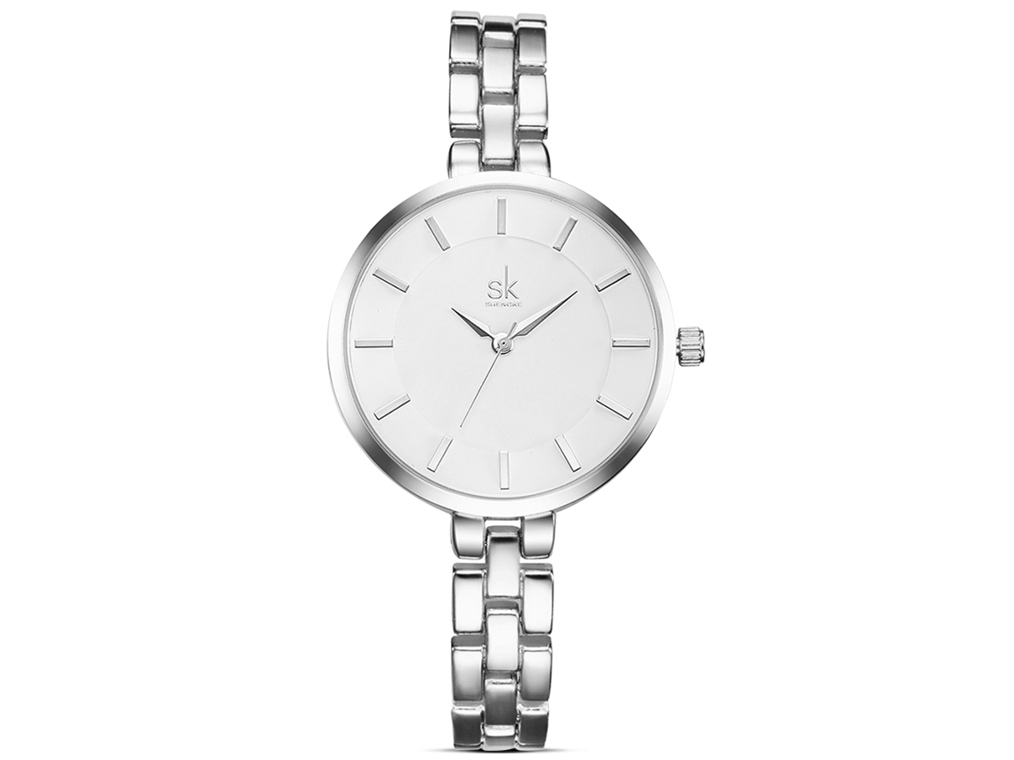 Relógio de Pulso Feminino Shengke com Pulseira de Liga 3atm Resistente À Água Prata
